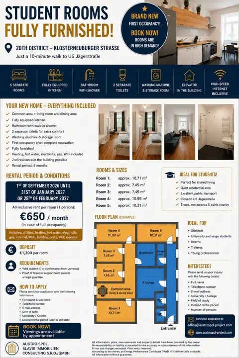 ZIMMER FREI - Nähe FH Technikum oder BOKU - Voll möblierte Studentenzimmer | All-Inclusive | Nähe U6 Jägerstraße | 20. Bezirk Ab 01.09.2026 verfügbar